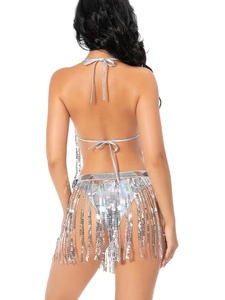 Shiny Bikini Set Holographic <strong>Sequin</strong> Fringe Halter Tie Side Swimsuit Triangle Bra Belly Wrap Beachwear Festival Carnival Outfits - Product Image 5