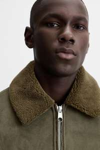 سترة جلدية من جلد الغزال مخصصة عالية الجودة فاخرة بسحاب أعلى سترة بطانة شيربا للرجال - Product Image 4