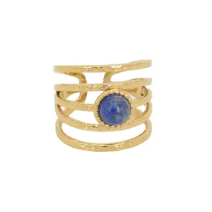 Fashionable 14K Gold plated jewels adjustable Ring with nature blue stone in stainless steel jewelry stock