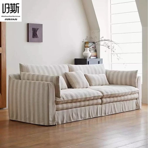 <span class=keywords><strong>Divano</strong></span> Dritto in Lino a Righe con Rivestimento Rimovibile <span class=keywords><strong>e</strong></span> Cuscini Morbidi, Stile Mid-Century per Soggiorni <span class=keywords><strong>e</strong></span> Appartamenti - Product Image 5