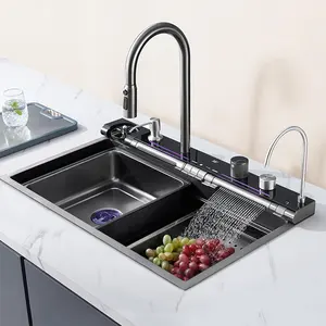 Pia de cozinha cascata de luxo moderna e inteligente com pia de aço inoxidável preta embutida com torneira removível e acessórios