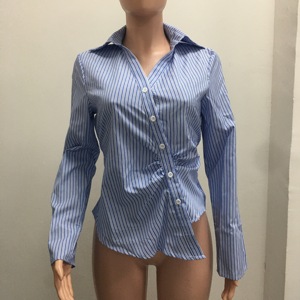 Blus Wanita Bergaris Biru & Putih - Kemeja Berkerah dengan Pinggang Berikat Asimetris Tanpa Elastisitas Sehe Fashion - Product Image 3
