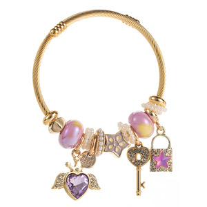 Bracciale a <span class=keywords><strong>filo</strong></span> in acciaio inossidabile fai da te <span class=keywords><strong>con</strong></span> ciondoli, perline e cuore di cristallo, chiusura a chiave, regolabile, gioielli personalizzati OEM - Product Image 5