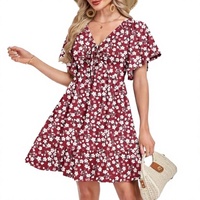 Robe courte en mousseline de soie à imprimé floral, col en V, manches courtes, style décontracté pour femmes, robe d'été ample avec volants