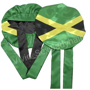 Vente en gros de Bonnets de drapeau, fournisseurs de Bonnets de cheveux en Satin de soie personnalisés, Bonnets de cheveux en Satin Double doublé, Bonnets de drapeau de la jamaïque avec cravates - Product Image 1