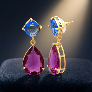 New Arrival Ethnic Drop <b>Earrings</b> with Blue Quartz and Amethyst Gold Plated Unisex for Wedding & Engagement - Product Image 3