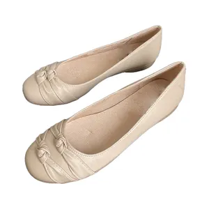 Sepatu kulit wanita, semua jenis sepatu wanita kepala bulat putih sepatu datar nyaman sol lembut
