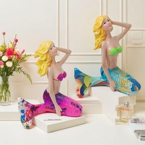 Figurine de sirène créative en résine époxy, style art populaire sculpté, pour décoration de bureau, jardin, cour et piscine - Product Image 3