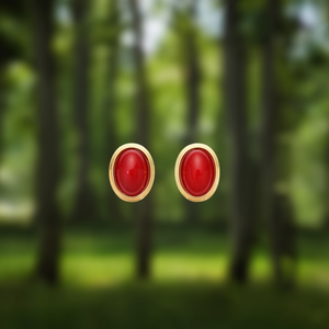 Fashion Stud <b>Earrings</b> 316L Stainless Steel PVD Gold Plating <b>Red</b> Cabochon Oval Shape Sustainable Resistant Jewelry - Product Image 3