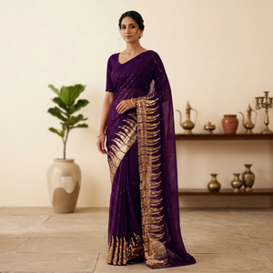 Indian Bollywood Best Selling Embroidery Sequins Fancy Purple Party Wear Look Saree Most Trendy Export Sexy <b>Blouse</b> <b>Sari</b> - Product Image 1