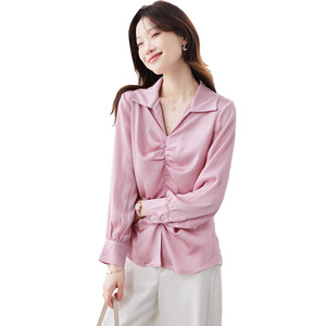 Pink Satin Shirt Women's Top Solid Color Long Sleeve With Folds Everyday Wear Spring Autumn 2025 - Product Image 5