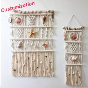 Terbaik pemasok ramah lingkungan Dekorasi Rumah macrame kerang bulu dinding gantung macrame rumbai rak gantung boho dekorasi dinding