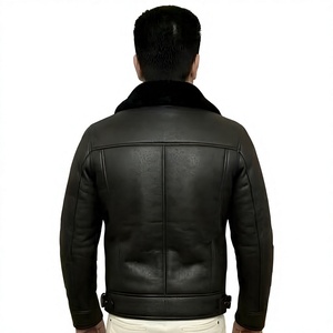 Black Leather Jacket With Black Fur Collar Winter Shearling B3 <b>Coat</b> Genuine Sheepskin Warm Fleece <b>Lined</b> Biker Jacket - Product Image 2