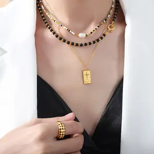 Titanium Steel 18K Gold Plated Chain black agate Necklaces for Women stainless steel OT necklace round bead