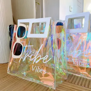 Custom logo HOT SALE Holographic tote bag pvc stronger handle holographic PVC bag Beach Bag