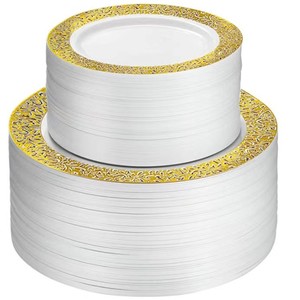 19 assiettes en plastique de luxe de 26 cm Ensemble d'assiettes jetables de couleur or <span class=keywords><strong>noir</strong></span> de fête - Product Image 2
