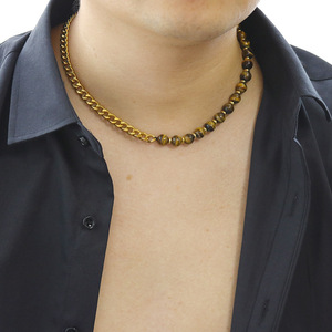 Kalung manik-manik 8mm batu permata Onyx hitam mata harimau baja tahan karat 2025 untuk pria - Product Image 5