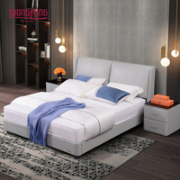 LOONGFUNG Cadre de lit plateforme à lattes en pin massif avec tête de lit rembourrée en cuir véritable, ensemble de chambre à coucher King, Queen, Double