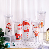Série de Noël : Tasse isotherme double paroi PS avec couvercle et paille, motif Père Noël créatif, vente en gros