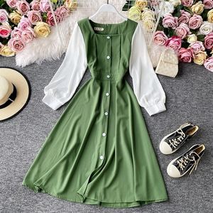 Français <span class=keywords><strong>Romance</strong></span> rétro robes femmes décontracté col carré Midi dame femmes élégant pur Stretch mince automne bureau loisirs robe - Product Image 5