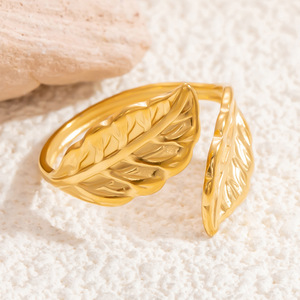 European American Style Leaf <b>Ring</b> 18k Gold Plated Stainless Steel <b>Open</b> Design Unisex Fashion Jewelry Gift - Product Image 4