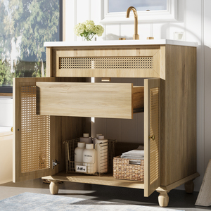 Mobile da Bagno da 30 Pollici con Ante in Rattan Intrecciato a Mano, Gambe in Legno Massello e Lavabo in Resina - Product Image 2
