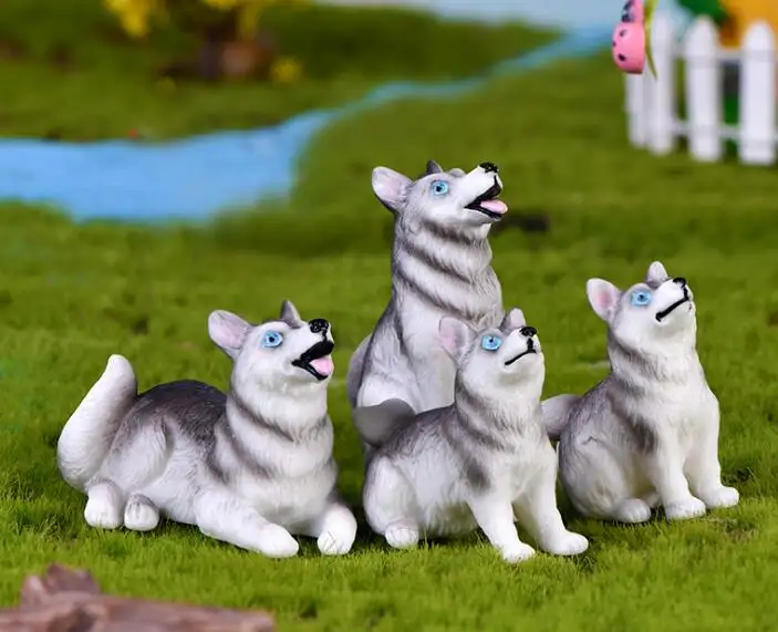 卸売ミニガーデン像3D動物置物樹脂ハスキー犬フィギュア