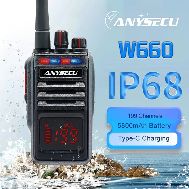 Anysecu W660 IP68 Waterproof Analog Two Way Radio 5800mAh Type-C Charge VOX 199 Channels 3W Output 3KM Range Walkie Talkie