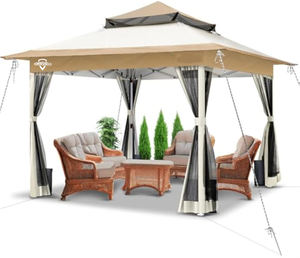Gazebo pliable 3,6 m x 3,6 m avec parois en maille, <span class=keywords><strong>tente</strong></span> de réception à double toit pour jardin avec poids de fixation et sac de transport, beige - Product Image 1