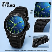 Montre à Quartz Sportive Noire en Gros, Cadran Bleu, Aiguilles Lumineuses, Bracelet en Silicone pour Étudiant, Robuste 5ATM, Montre à Quartz Décontractée