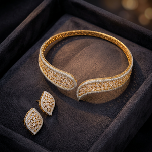 Luxury Brass Gold Plated Cubic Zirconia Open Choker Necklace Stud Earrings Jewelry <b>Set</b> for Women Wedding Party Wear - Product Image 2