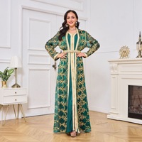 Abaya Kaftan brodé ouvert avec robe nuisette sans manches et ceinture, ensemble deux pièces, vêtements islamiques grande taille, vente en gros