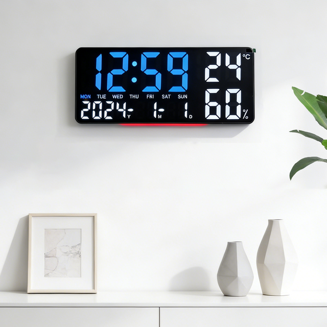 Modern Digital Silent Alarm Wall Clock Large LED Screen Desk Clock with Temperature Humidity Display and Remote Control for Home