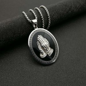 Collier pendentif mains en prière Hip Hop en acier inoxydable plaqué or et argent, serti pavé, bijou unisexe, cadeau - Product Image 3