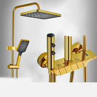 Ensemble de douche de luxe pour salle de bain avec affichage numérique, 4 fonctions, robinet de baignoire chaud et froid, système apparent, pomme de douche pluie dorée, boutons piano