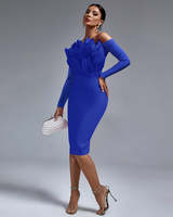 Ocstrade Robe de cocktail mode épaules dénudées à manches longues coupe ajustée Robe bandage mi-longue élégante pour femme avec plumes