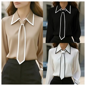 Blus sifon lengan panjang wanita, blus sifon lengan panjang dekorasi dasi kupu-kupu kontras bergaya kantor terlaris - Product Image 2