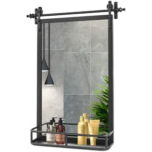 Nostalgico specchio da appendere industriale rustico grande per bagno specchio da parete decorativo per porta da fienile con struttura in metallo nero con ripiano