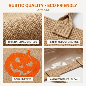 Borse tote in iuta KS Brand per Halloween con chiusura a cerniera, grandi dimensioni - Ingrosso, stampa zucca, design Jack <span class=keywords><strong>O</strong></span>' Lantern, borsa stile rustico - Product Image 4