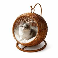 Cesta Suspensa para Gatos em Rattan, Estrutura Oca Respirável, Ideal para Verões Quentes, Essencial para Resfriamento de Animais de Estimação