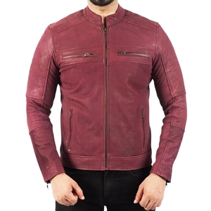Icon Gilani Men Burgundy Distressed Genuine Leather Winter Biker Motorcycle <b>Jacket</b> <b>Zipper</b> <b>Pockets</b> Adjustable Waist - Product Image 5