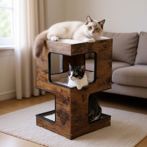 Arbre à chat en bois à deux étages avec condo, décoration intérieure, griffoir, style moderne, mobilier durable pour animaux de compagnie - Product Image 2