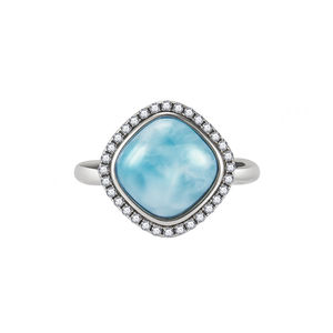 Unique Style Wholesale Jewelry 925 Sterling Silver Jewelry Natural Blue <b>Cushion</b> Shape Genuine Larimar Halo AAA+CZ <b>Ring</b> for Women - Product Image 1