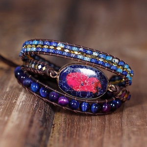 Braccialetti Avvolgenti in Pelle Multistrato BOHO con Pietre Blu e Rosse, Bracciale con Perline, Gioielli Bohemien per Ragazze, Bijoux all'Ingrosso - Product Image 2