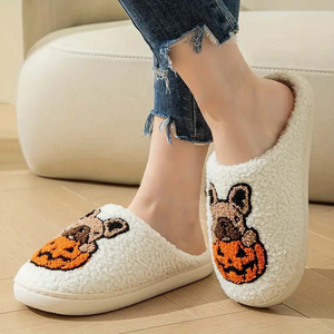 Pantuflas bordadas <span class=keywords><strong>de</strong></span> perro <span class=keywords><strong>de</strong></span> calabaza <span class=keywords><strong>de</strong></span> <span class=keywords><strong>Halloween</strong></span>, toboganes <span class=keywords><strong>de</strong></span> invierno <span class=keywords><strong>de</strong></span> piel sintética para otoño, hogar, comodidad interior - Product Image 3