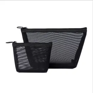 Trousse de toilette de voyage en maille noire transparente avec fermeture à glissière