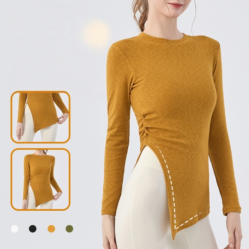 Hot Sale Side Opening Wrinkled Outdoor Long Sleeve Sportswear Top Breathable Fitness Gym Round Neck Yoga Top for Women