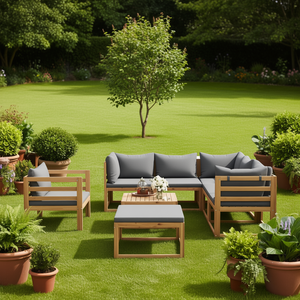 Ensemble de salon de jardin en bois d'acacia massif, 8 pièces avec coussins, meubles de jardin d'extérieur, design contemporain, résistant aux intempéries - Product Image 2