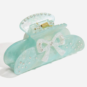 Shark Clip Hair Clip Acetate Board Blue With White Bow And Rhinestones For Women Daily Use - Product Image 1