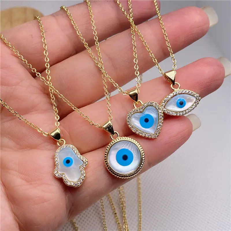 24K Gold Plated Micro Pave Cubic Zirconia inlay shell CZ Turkish Blue Evil Eyes Pendant Charm Choker Necklace